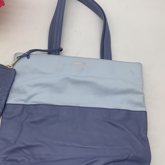 Cole Haan Light Blue Periwinkle Leather Tote Bag with leather pouch - Picture 3 of 14